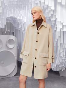 SHEIN Unity Flap Pocket Drop Shoulder Button Front Overcoat - Apricot - View 6