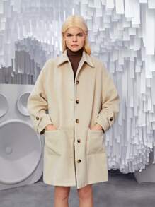 SHEIN Unity Flap Pocket Drop Shoulder Button Front Overcoat - Apricot - View 7