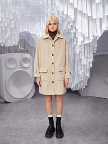 SHEIN Unity Flap Pocket Drop Shoulder Button Front Overcoat - Apricot - View 8
