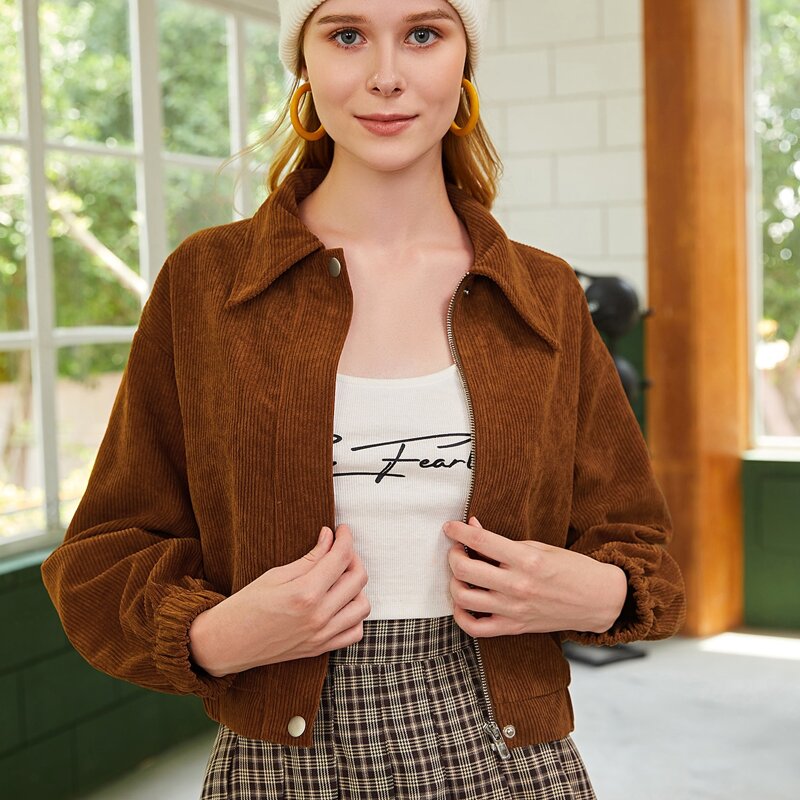 

Solid Drop Shoulder Zip Up Corduroy Jacket, Brown