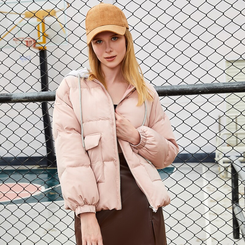 

Flap Pocket Drop Shoulder Zip Up Drawstring Hooded Puffer Coat, Baby pink