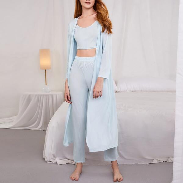 

3pcs Solid Robe Set, Baby blue