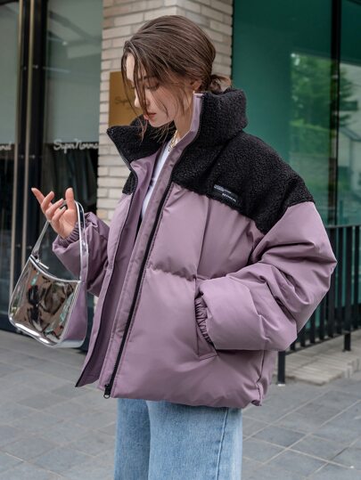 DAZY Women's Letter Patched Spliced Winter Thick Pockets Coat, Casual Streetwear Purple And Black Zipper Drop Shoulder Funnel Neck Padded Coat Occasion
