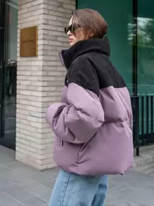 DAZY 字母拼接冬季厚口袋外套，女士冬季休闲贴布口袋拉链落肩漏斗领常规版型多色拼色，字母女式棉服外套，冬季保暖/冬季时尚，冬季女装，冬季外套女式夹克 - 彩色 - 查看 2