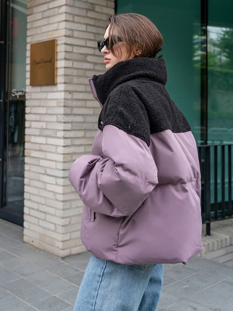 Women's Letter Patched Spliced Winter Thick Pockets Coat, Casual Streetwear Purple And Black Zipper Drop Shoulder Funnel Neck Padded Coat Occasion