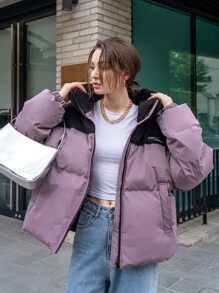 DAZY 字母拼接冬季厚口袋外套，女士冬季休闲贴布口袋拉链落肩漏斗领常规版型多色拼色，字母女式棉服外套，冬季保暖/冬季时尚，冬季女装，冬季外套女式夹克 - 彩色 - 查看 3