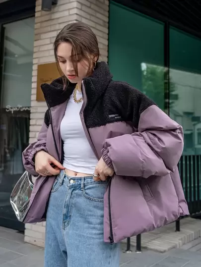 DAZY 字母拼接冬季厚口袋外套，女士冬季休闲贴布口袋拉链落肩漏斗领常规版型多色拼色，字母女式棉服外套，冬季保暖/冬季时尚，冬季女装，冬季外套女式夹克