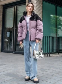 DAZY 字母拼接冬季厚口袋外套，女士冬季休闲贴布口袋拉链落肩漏斗领常规版型多色拼色，字母女式棉服外套，冬季保暖/冬季时尚，冬季女装，冬季外套女式夹克 - 彩色 - 查看 5