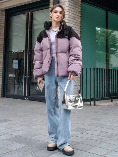 DAZY 字母拼接冬季厚口袋外套，女士冬季休闲贴布口袋拉链落肩漏斗领常规版型多色拼色，字母女式棉服外套，冬季保暖/冬季时尚，冬季女装，冬季外套女式夹克