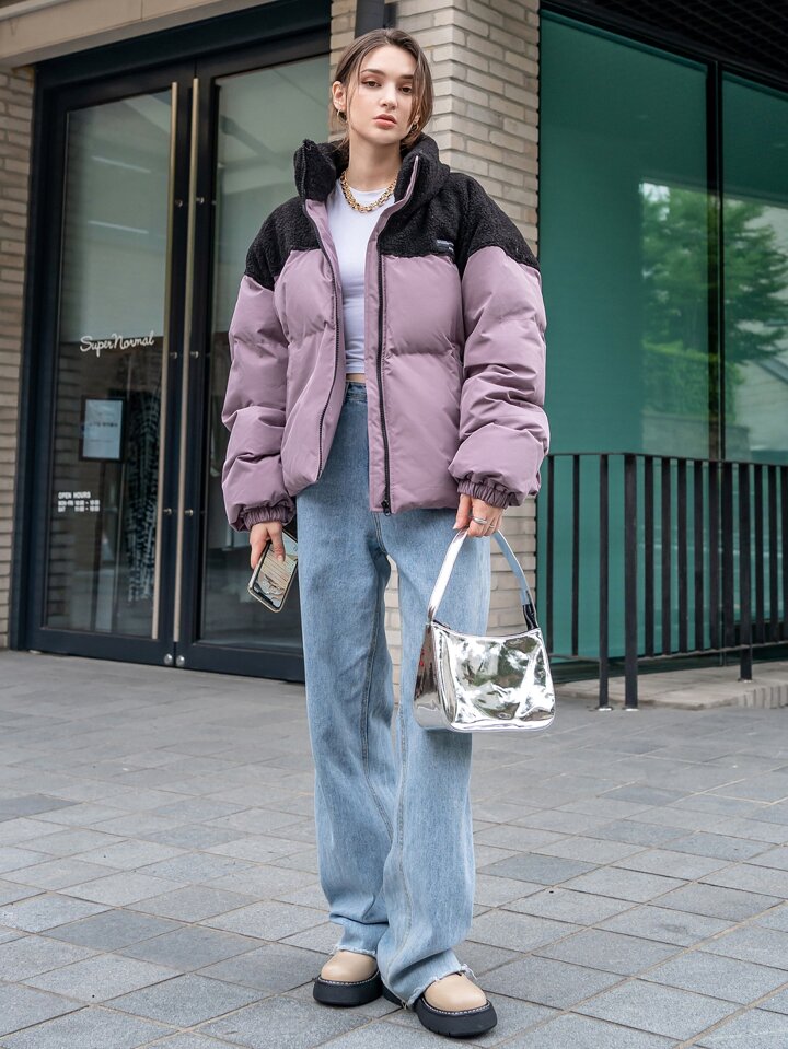 DAZY 文字パッチ スプライス ウィンター 厚手 ポケット コート
