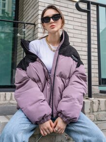 DAZY 字母拼接冬季厚口袋外套，女士冬季休闲贴布口袋拉链落肩漏斗领常规版型多色拼色，字母女式棉服外套，冬季保暖/冬季时尚，冬季女装，冬季外套女式夹克 - 彩色 - 查看 6