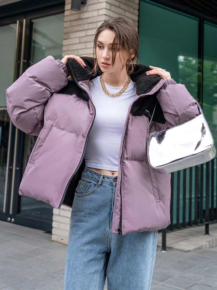 DAZY 字母拼接冬季厚口袋外套，女士冬季休闲贴布口袋拉链落肩漏斗领常规版型多色拼色，字母女式棉服外套，冬季保暖/冬季时尚，冬季女装，冬季外套女式夹克 - 彩色 - 查看 7