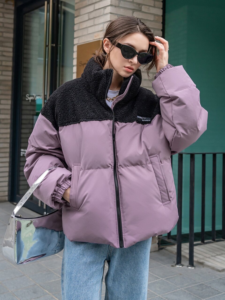 Women's Letter Patched Spliced Winter Thick Pockets Coat, Casual Streetwear Purple And Black Zipper Drop Shoulder Funnel Neck Padded Coat Occasion