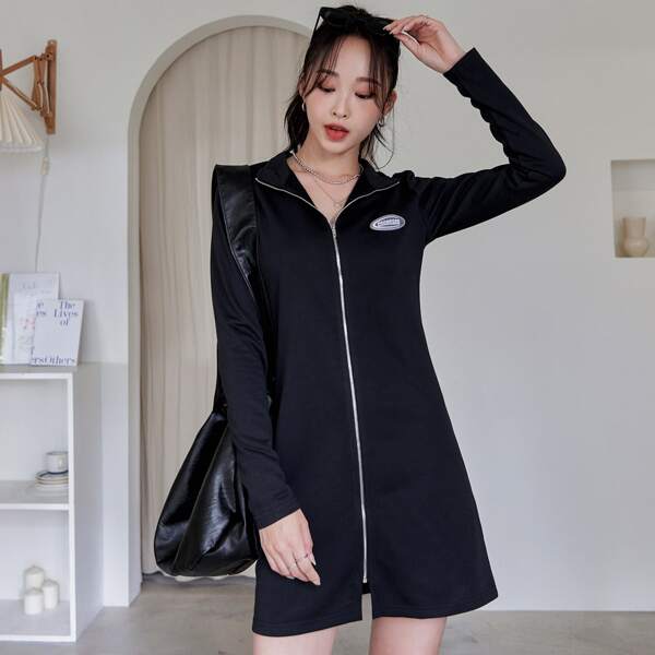 

Patched Detail Zip Up Fitted Dress, Black