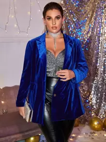 SHEIN 大碼翻蓋細節絲絨西裝外套 - 寶藍色 - 查看 1