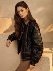 SHEIN Unity Lantern Sleeve PU Leather Padded Coat - Black - View 4