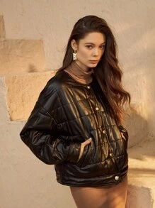 SHEIN Unity Lantern Sleeve PU Leather Padded Coat - Black - View 3