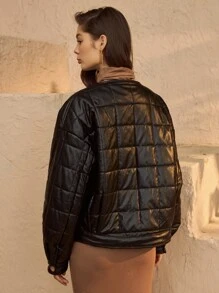 SHEIN Unity Lantern Sleeve PU Leather Padded Coat - Black - View 2