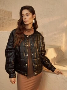 SHEIN Unity Lantern Sleeve PU Leather Padded Coat - Black - View 1