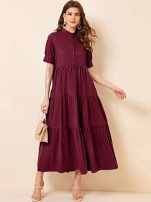 Mulvari Váy xòe cài nút cổ đứng màu đỏ tía - Màu Đỏ Sâu - Xem 1