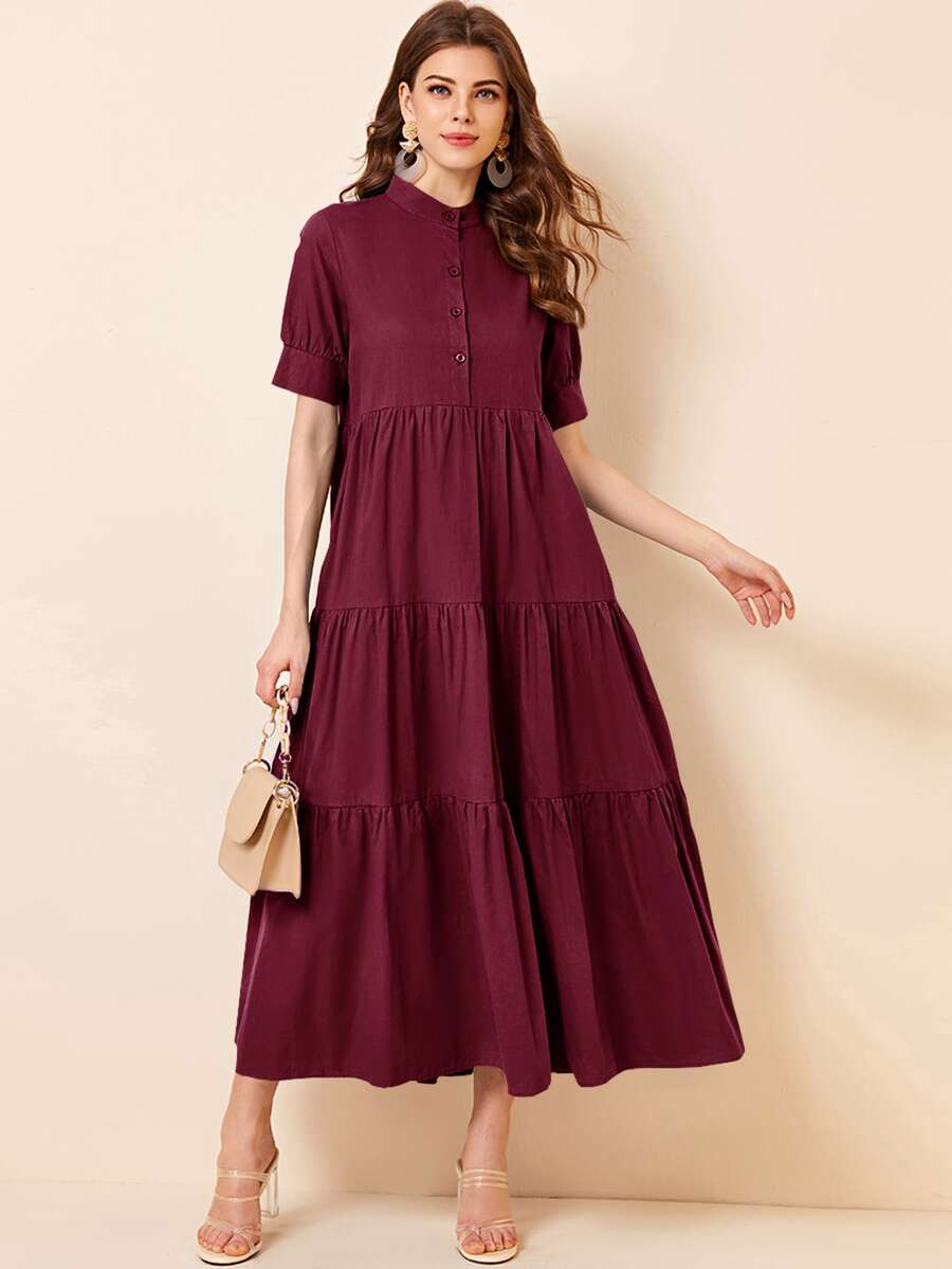 Mulvari Váy xòe cài nút cổ đứng màu đỏ tía - Màu Đỏ Sâu - Xem 1