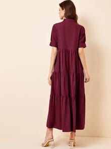 Mulvari Váy xòe cài nút cổ đứng màu đỏ tía - Màu Đỏ Sâu - Xem 2