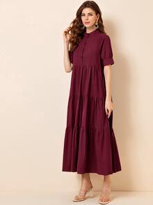 Mulvari Váy xòe cài nút cổ đứng màu đỏ tía - Màu Đỏ Sâu - Xem 3
