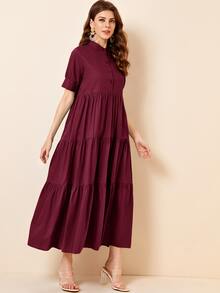 Mulvari Váy xòe cài nút cổ đứng màu đỏ tía - Màu Đỏ Sâu - Xem 4