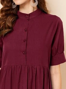 Mulvari Váy xòe cài nút cổ đứng màu đỏ tía - Màu Đỏ Sâu - Xem 5