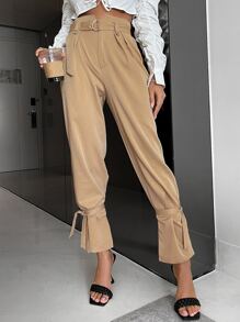 Glamaker Quần nữ Thắt lưng Thắt nút Dây kéo màu trơn Giải trí - Màu Khaki - Xem 1
