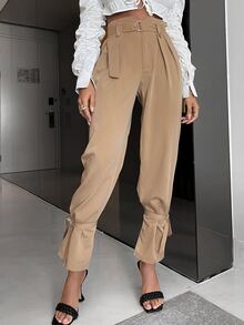 Glamaker Quần nữ Thắt lưng Thắt nút Dây kéo màu trơn Giải trí - Màu Khaki - Xem 3