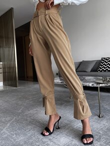Glamaker Quần nữ Thắt lưng Thắt nút Dây kéo màu trơn Giải trí - Màu Khaki - Xem 4
