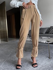 Glamaker Quần nữ Thắt lưng Thắt nút Dây kéo màu trơn Giải trí - Màu Khaki - Xem 5
