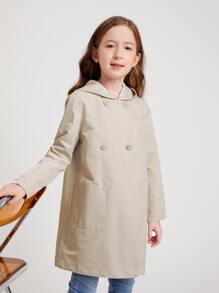 SHEIN Girls Dual Pocket Double Button Coat - Khaki - View 1