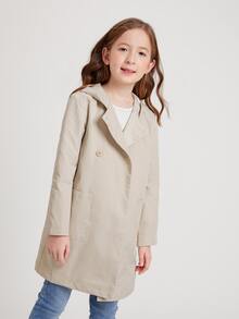 SHEIN Girls Dual Pocket Double Button Coat - Khaki - View 3