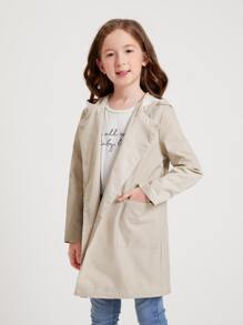 SHEIN Girls Dual Pocket Double Button Coat - Khaki - View 4