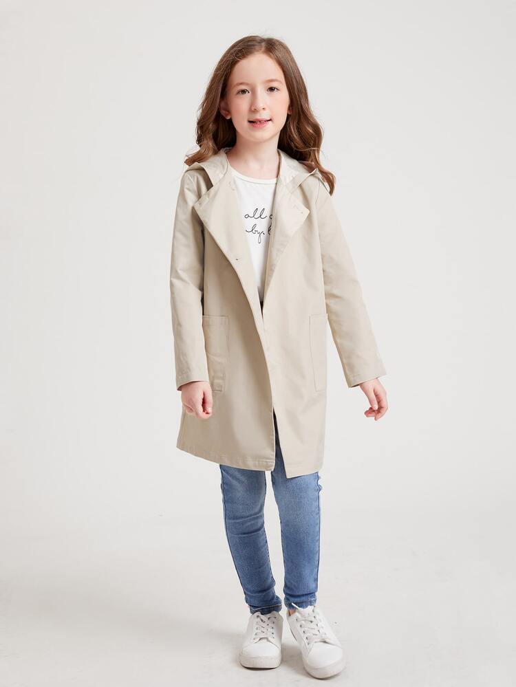 SHEIN Girls Dual Pocket Double Button Coat - Khaki - View 5