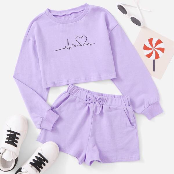 

Girls Heart Print Crop Top & Knot Front Shorts, Lilac purple
