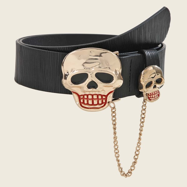 

Skull Decor Belt With Hole Punch, Black