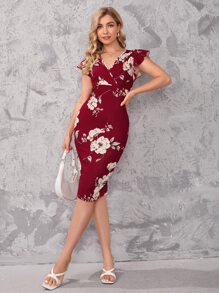 SHEIN Clasi Women's Spring Floral Print Butterfly Sleeve Bodycon Red Dress