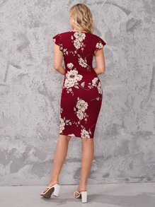 SHEIN Clasi Women's Spring Floral Print Butterfly Sleeve Bodycon Red Dress