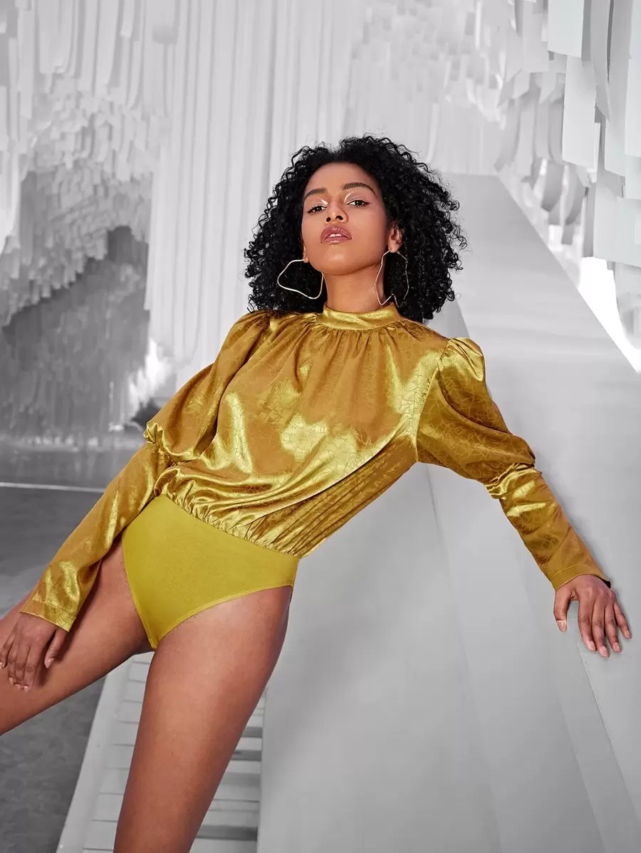 SHEIN BAE Jacquard Mock Neck Gigot Sleeve Satin Bodysuit - Gold - View 1