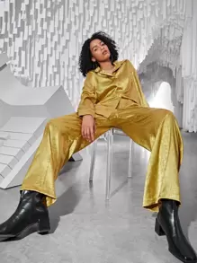 SHEIN Satin Wide Leg Pants - Gold - View 2