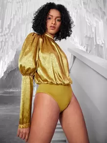 SHEIN BAE Body jacquard de cuello alto de manga gigot de satén