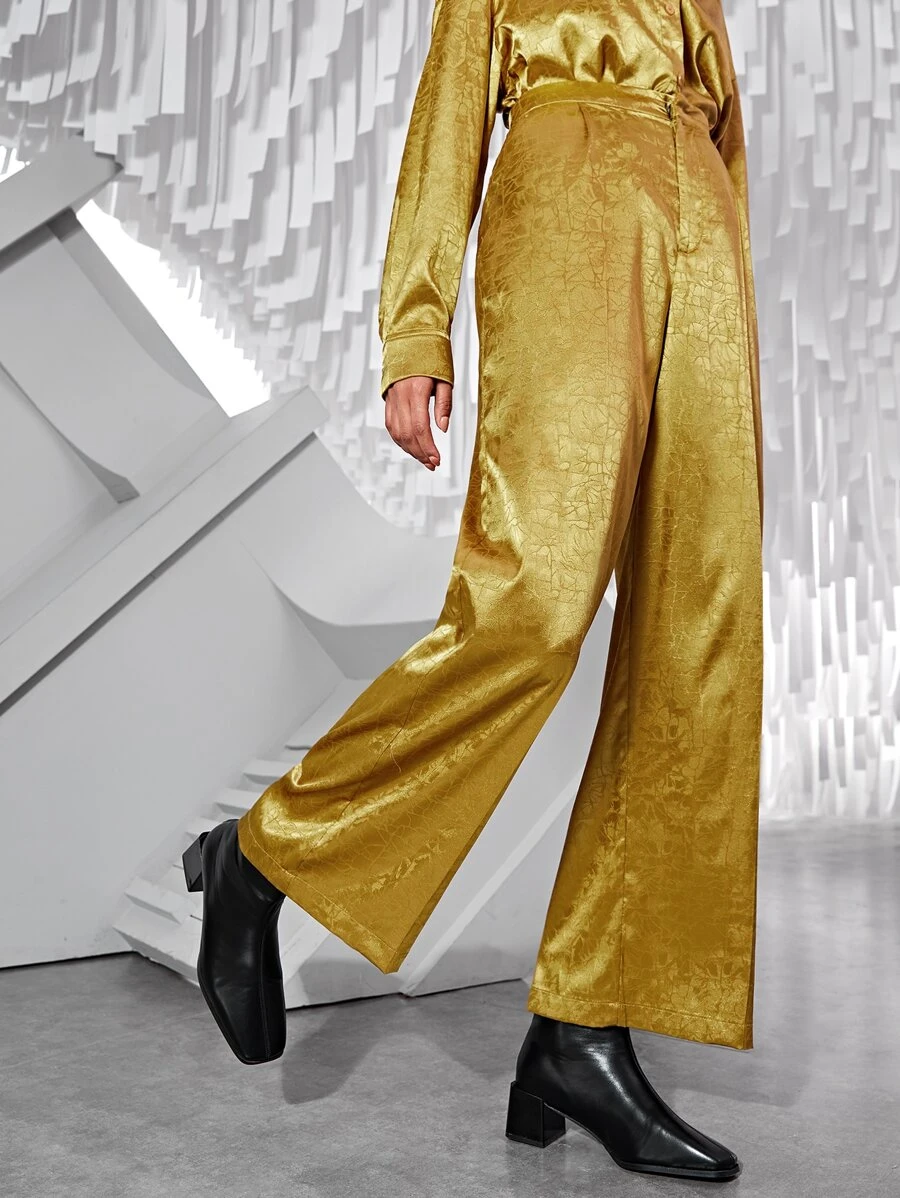 SHEIN Satin Wide Leg Pants - Gold - View 1