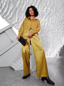 SHEIN Satin Wide Leg Pants - Gold - View 8