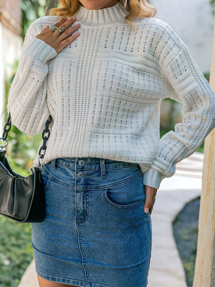 Simplee Mock Neck Pointelle Knit Drop Shoulder Sweater - White - View 6