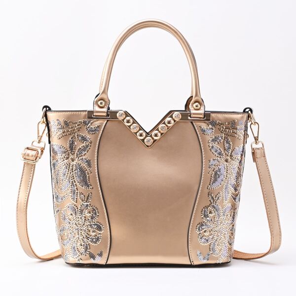 

Sequins Decor Floral Pattern Top Handle Bag, Gold