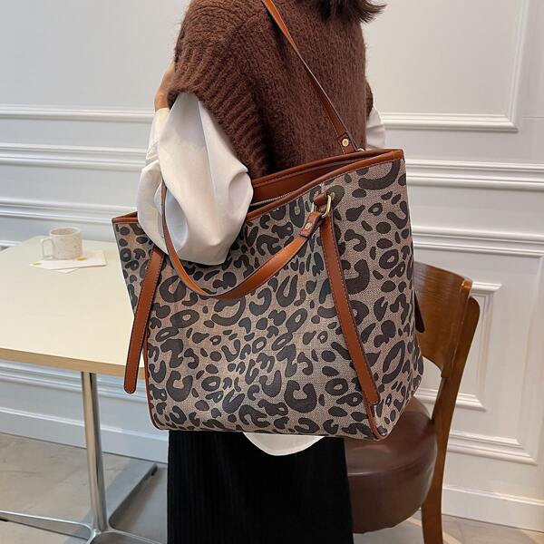 

Leopard Pattern Shoulder Tote Bag, Multicolor