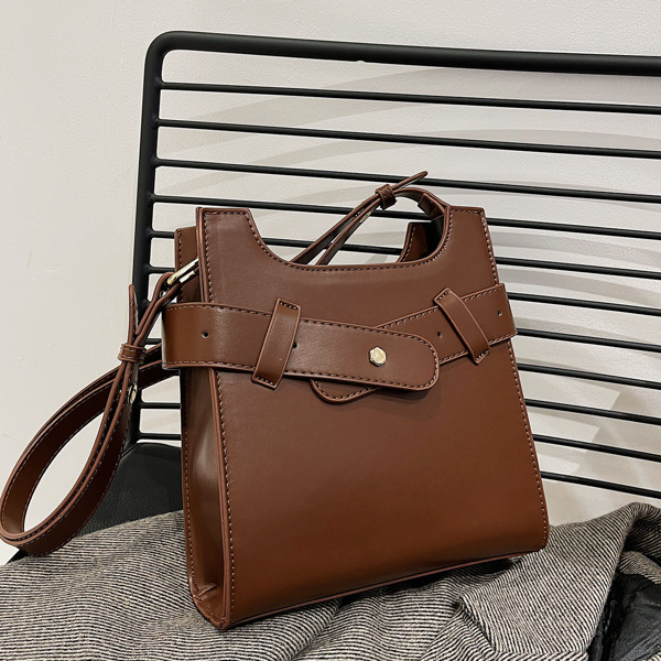 

Studded Decor Zip Shoulder Bag, Coffee brown
